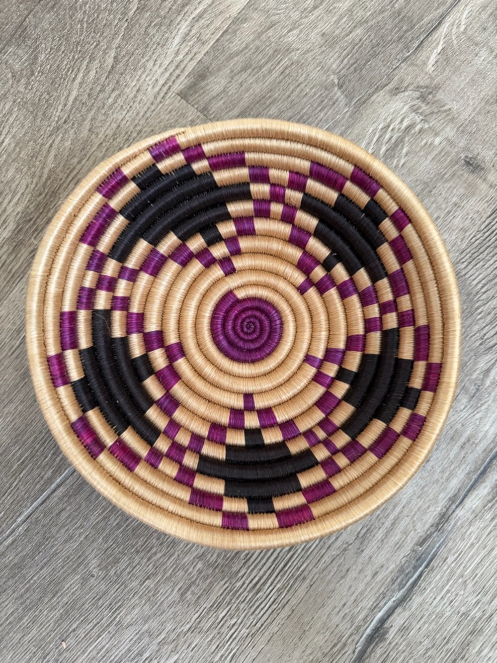 Handwoven Rwandan Basket in Natural, Black and Purple